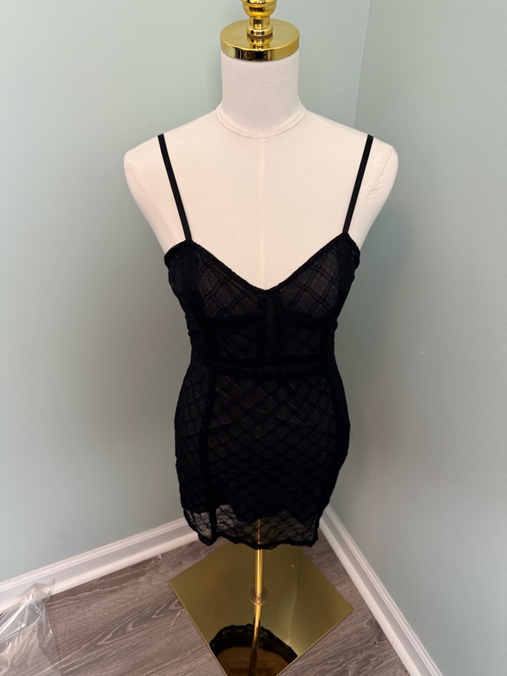 Zara TRF Black Lace Mini Dress - Diamond Pattern - Size Small